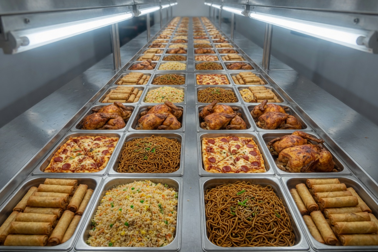 a buffet running off to a point in the distance