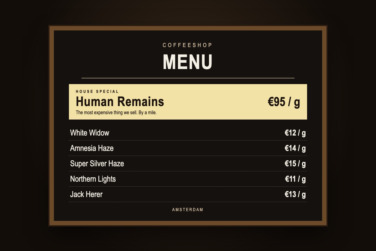 a coffeeshop menu with human remains at the top