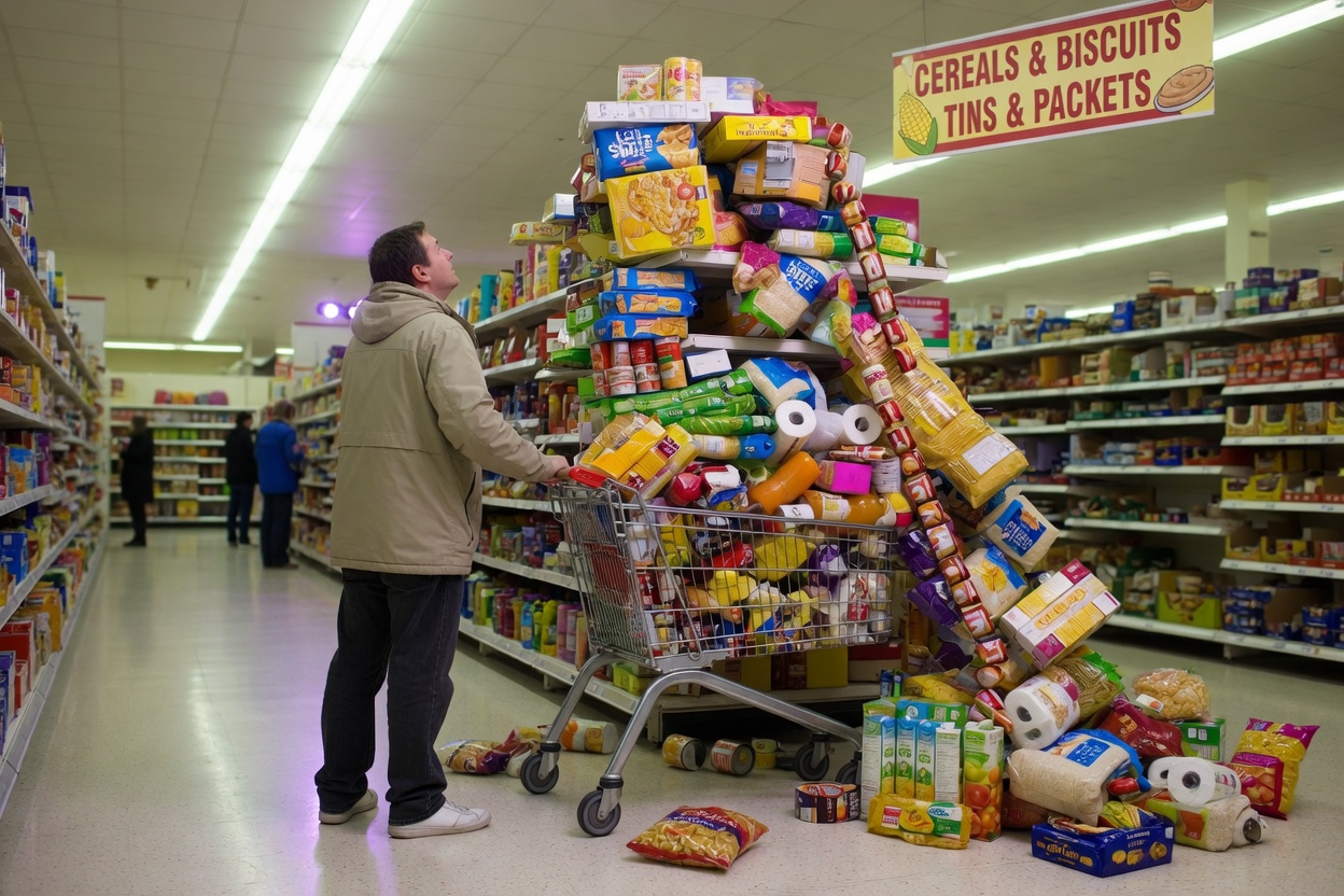 a supermarket trolley buried under food