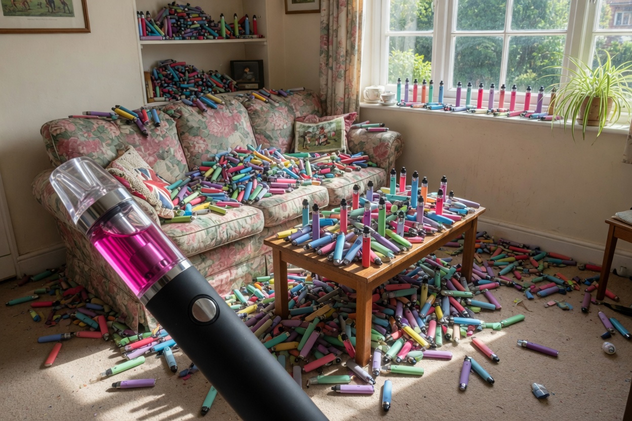 vapes piled through a living room