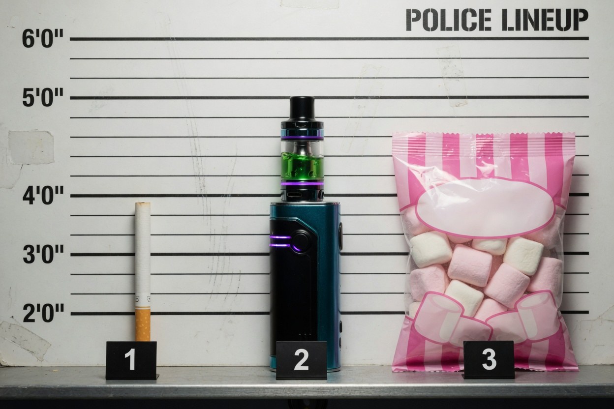 a cigarette, a vape and a packet of marshmallows in a police lineup