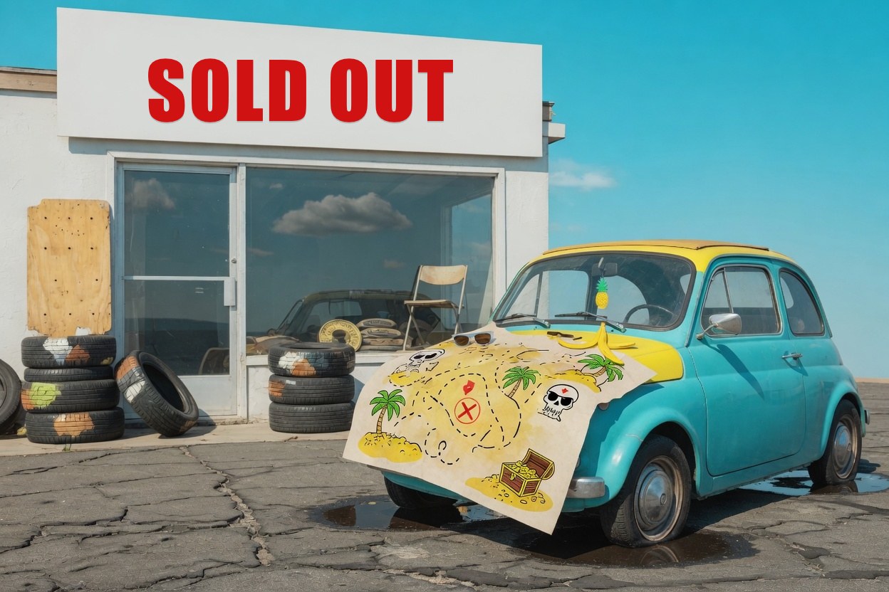 a treasure map on a car bonnet outside a tyre shop that has sold out