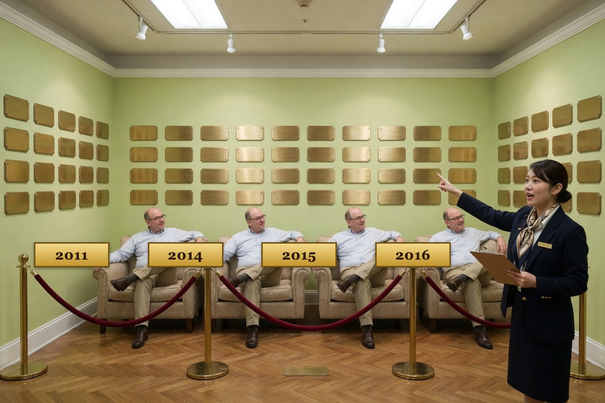 a museum tour of the same man on the same sofa, labelled 2011, 2014, 2015 and 2016