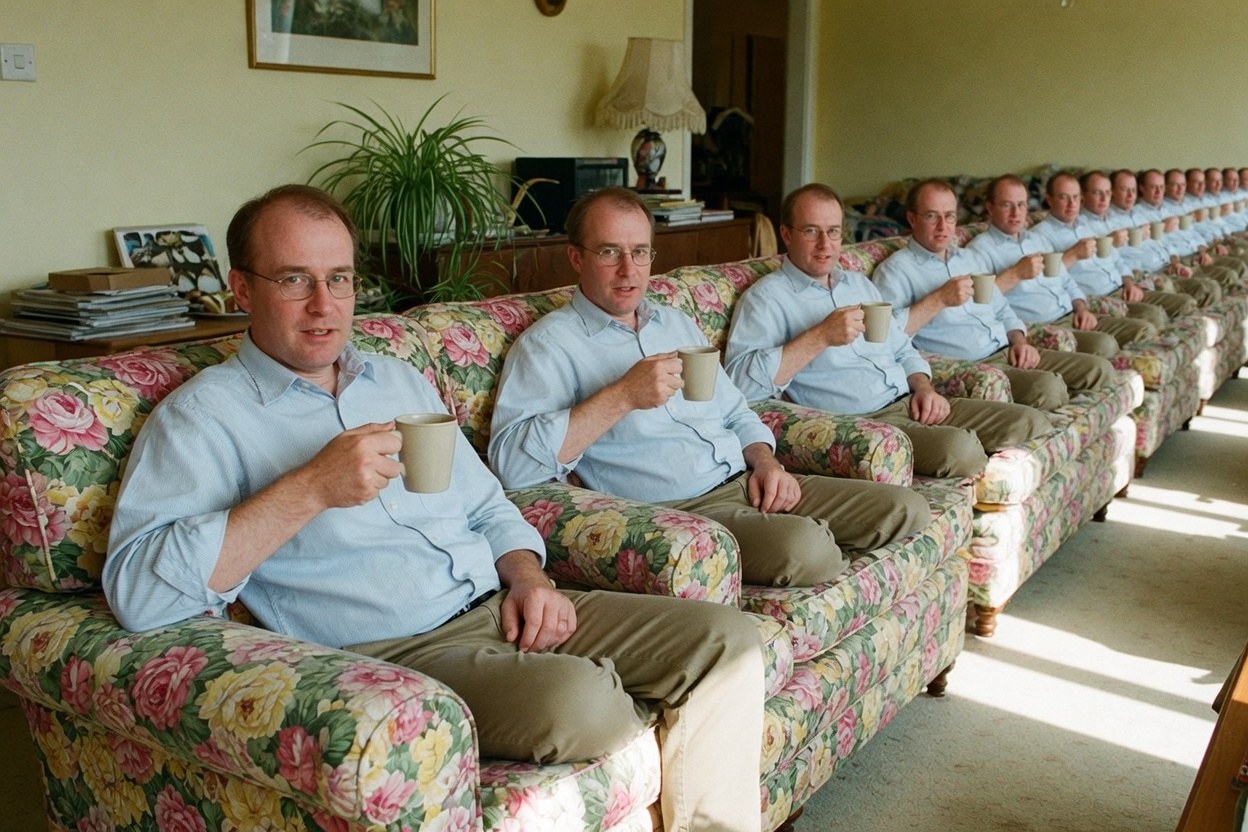 the same man on the same sofa, repeated into the distance
