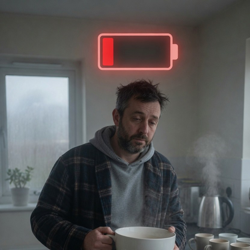 a man in a kitchen holding a huge mug under a nearly empty battery