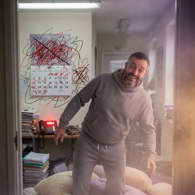 a man stepping through a door into a room full of pillows