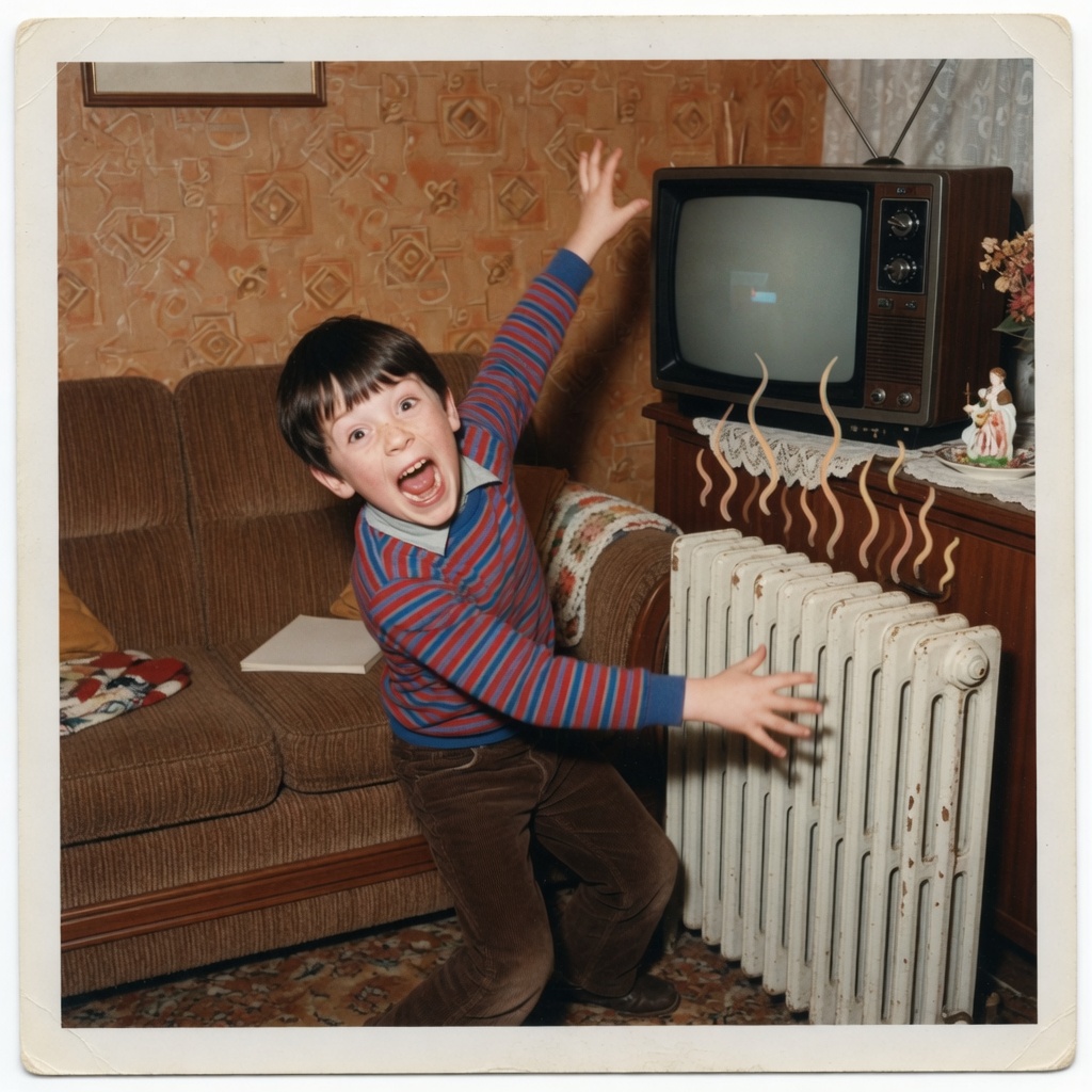 a boy yanking his hand off a hot radiator