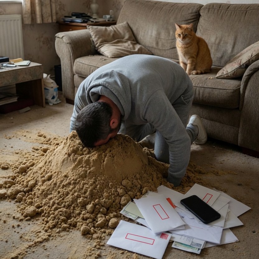 a man with his head buried in a pile of sand