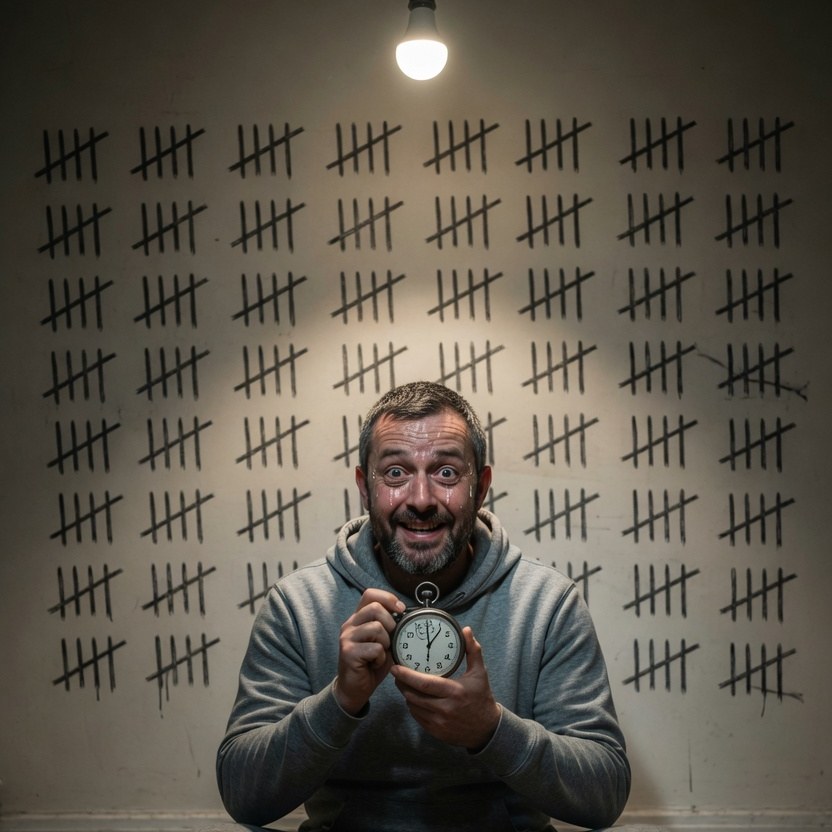 a man staring at a stopwatch in a room of tally marks